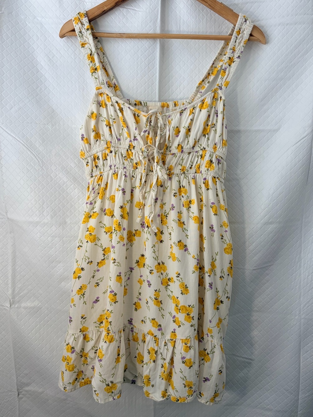 Yellow Floral Midi Dress with Smocked Bodice